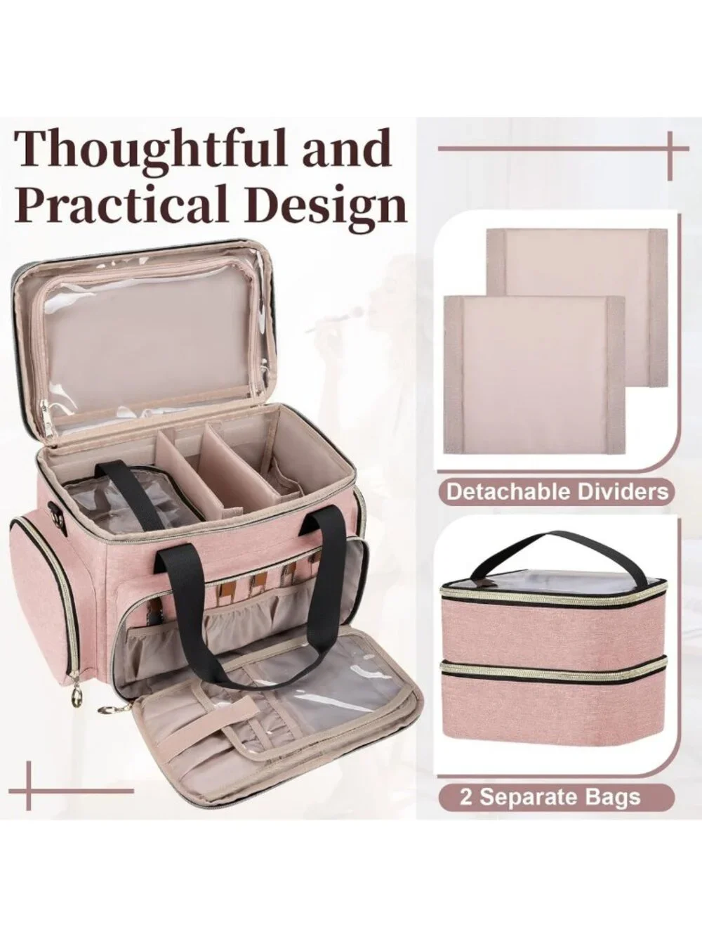 Large Portable Makeup Organizer Bag with Removable Pouches & Dividers - Pink